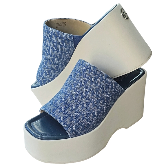 NWT Michael Kors Women's Dabney Platform Slide Sandals Denim Blue & Ivory SZ 9.5 - Picture 6 of 14